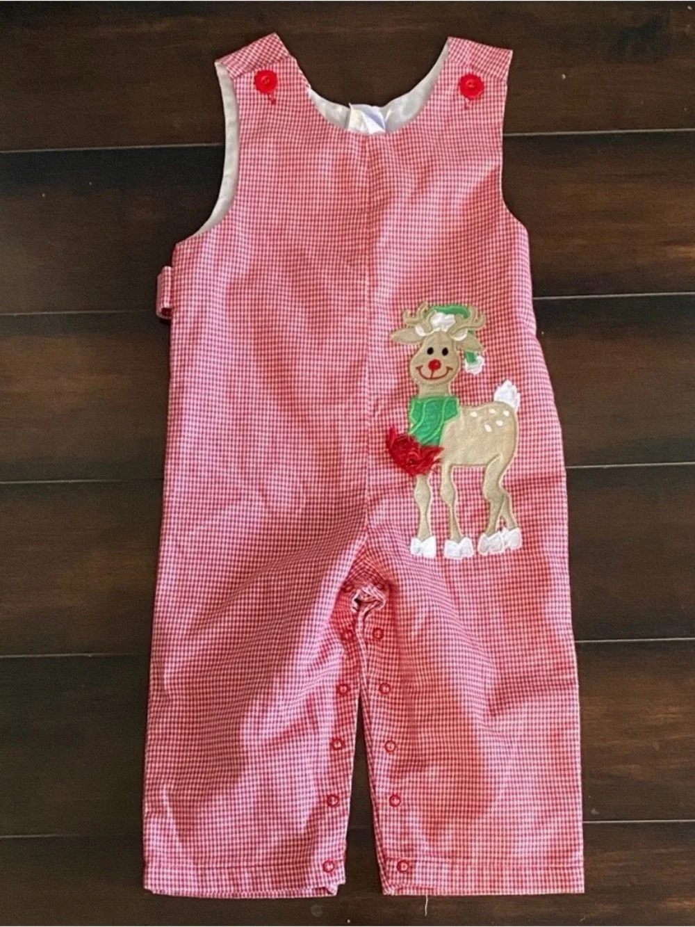 Vintage Kelly's Kids Red Gingham One Piece with Reindeer Embellishment